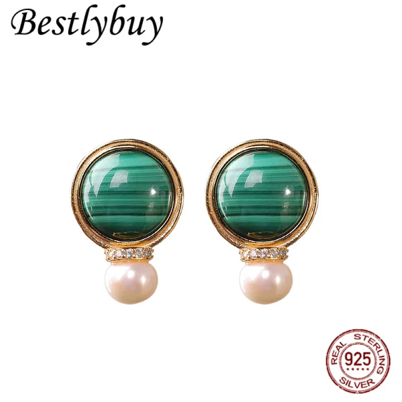 

Fashionable And Luxurious S925 Silver Gold-plated Natural Peacock Stone Earrings With Pearl Round Temperament French Earrings