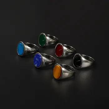 復古風格鈦鋼戒指,鑲嵌天然虎眼石和青金石 - 時尚橢圓形寶石設計戒指 8 最佳銷售 天然寶石戒指 - №6