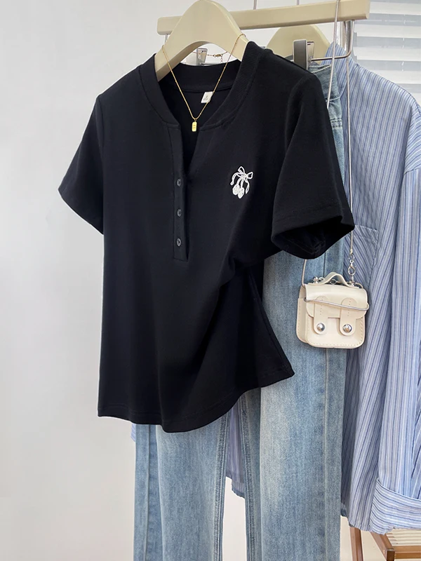 Koreaanse Sle Button up Puur Katoen V Ne ort Sve T irt Casual Zomer Afslanken Veelzijdige Dames Faion Chic Top