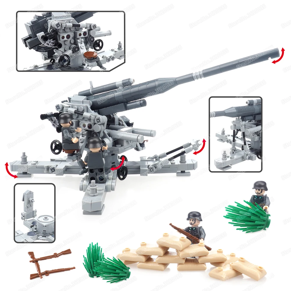 Military 88mm Flak18 Anti-Aircraft Gun Building Block WW2 Figures Artillery Series Weapons Scenes War Model Child Gifts Boy Toys