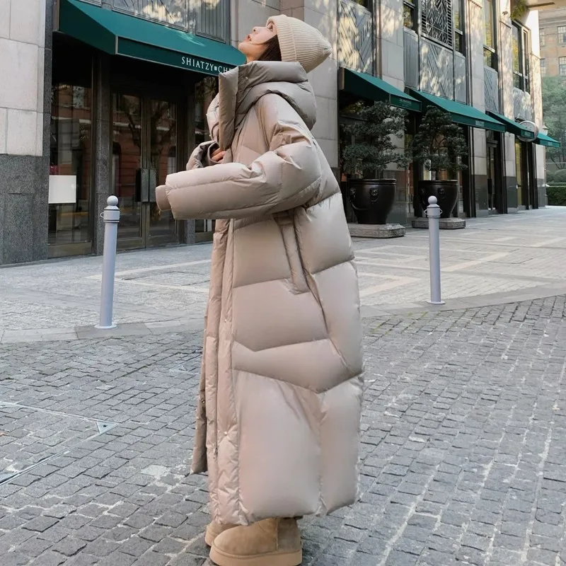 High end Grey Long Down Snow Jacket Women's Winter 2024 New Fashion Thicken Warm Duck down Coat Windproof Hooded Parkas Overcoat