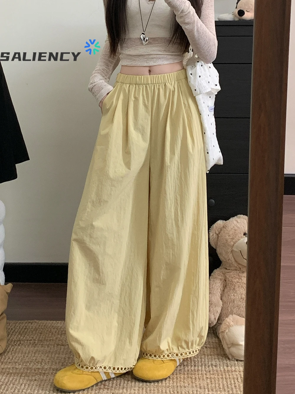 

Женские модные однотонные повседневные брюки с кружевной отделкой, летние свободные широкие брюки с высокой эластичной резинкой на талии, шикарные женские брюки