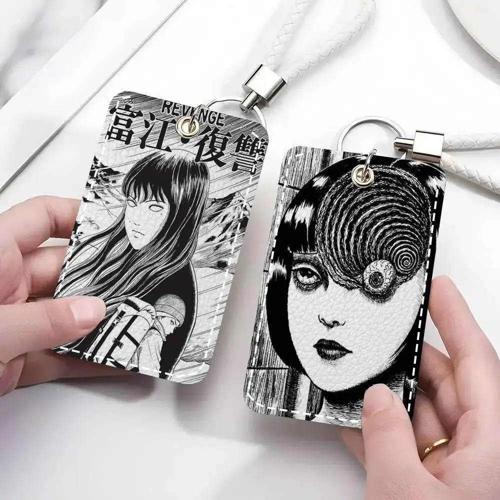 Japanese Horror Comic Tomie Card Case Keychain Access Card Bag Key Tag Ring Leather Card Holder Key Ring Access