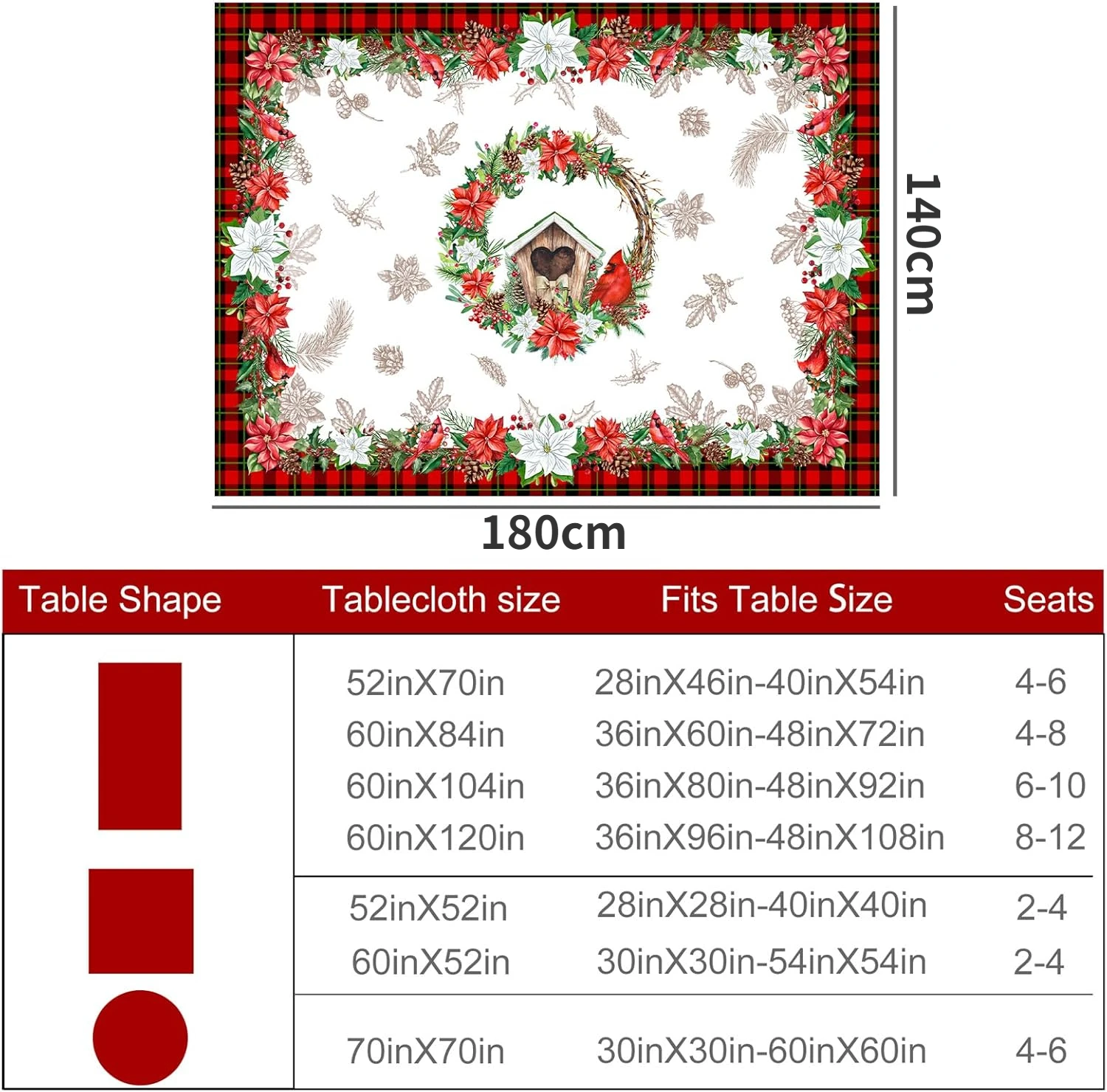 Christmas Poinsettia Floral Rectangle Tablecloth Wedding Party Decor Winter Xmas Flower Plaid Table Cloths Navidad Decorations