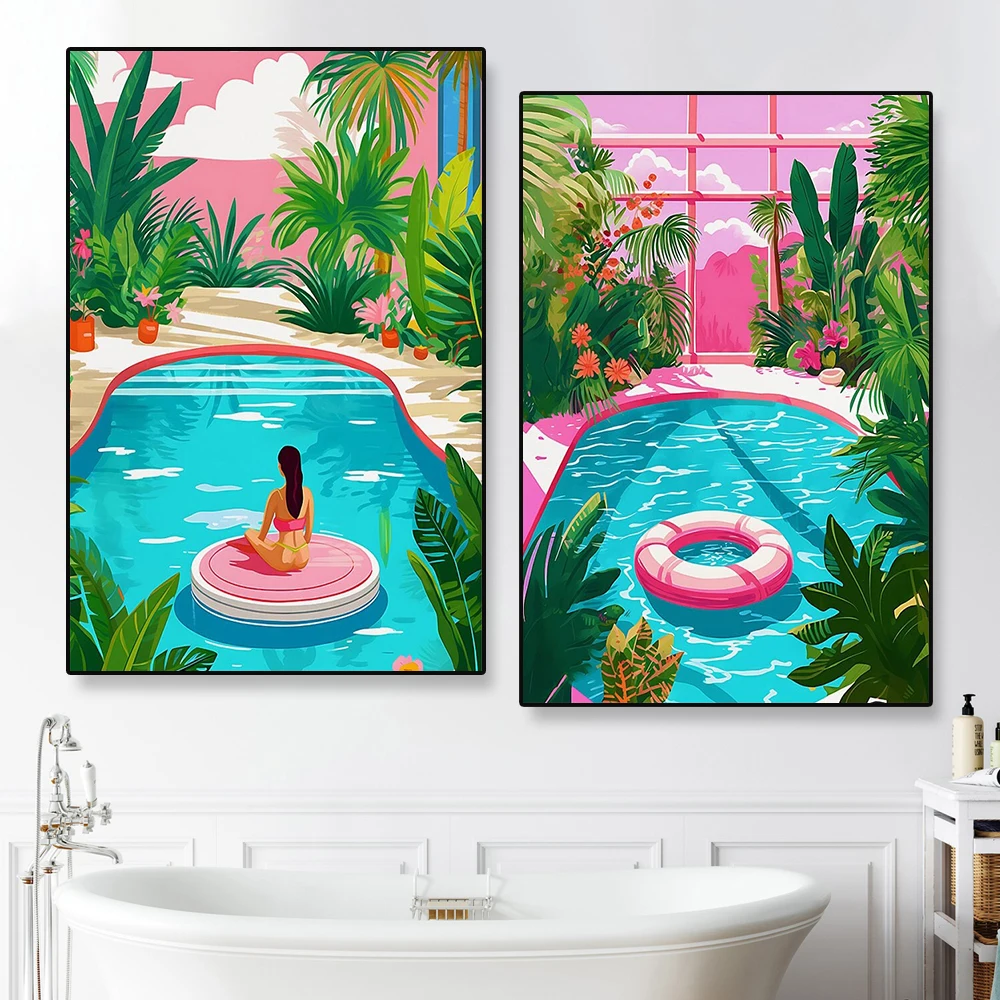 

Tropical Swimming Pool Bali Travel Fashion Poster Print Summer Trendy Abstract Woman Swim Canvas Painting Room Home Art Decor