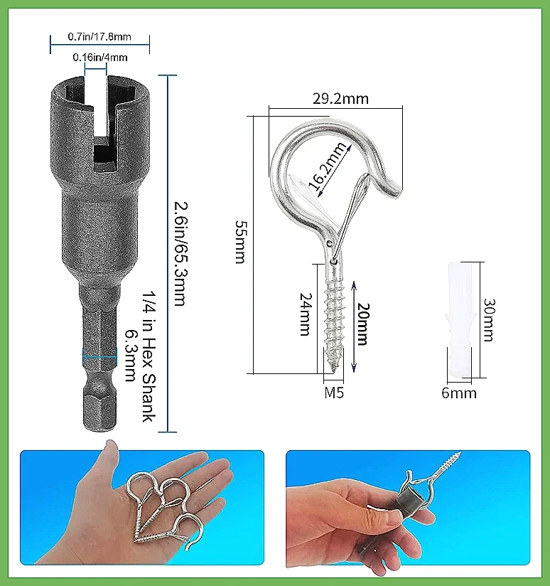 Stainless Steel Q-Hanger Screw Hooks with Safety Buckle for Hanging Plants, 12/20PCS Ceiling Hooks for Outdoor String Lights,