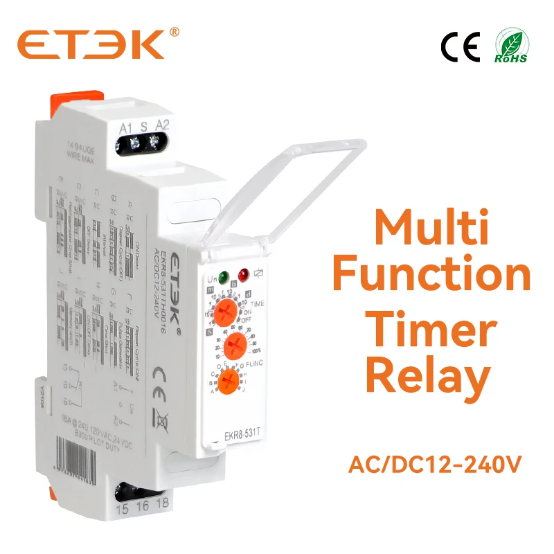 

ETEK Multifunction Timer Relay with 10 Function Choices AC DC 12V 24V 220V 230V 16A SPDT Time Delay Relay Module EKR8-531