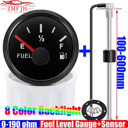Sensor de nivel de flotador de combustible de 0-190 Ohm + medidor de nivel de combustible de 52MM, puntero impermeable de 8 colores, medidor de tanque de aceite, coche, barco, marino, 12V, 24V, personalizado