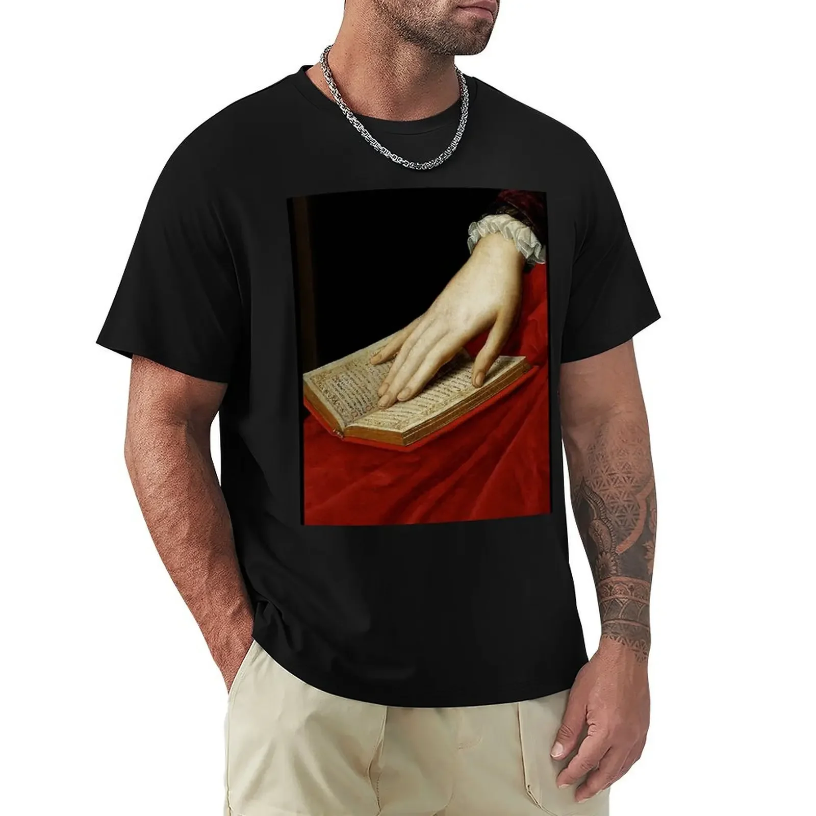 Renaissance old master cropped image, hand on book T-Shirt summer top anime figures mens clothes