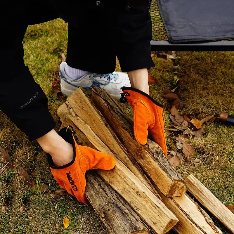 Heat Resistant BBQ Gloves, Cowhide Leather Camping Fire Handling Gloves, Non-Slip Grilling Mitts for Outdoor Fishing & Welding P - view 3