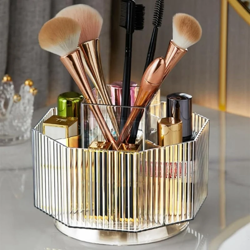 360° Rotating Makeup Organizer Spinning Makeup Brush Holder With 5 Slot Cosmetic Display Case Skin Care Trar (Clear)