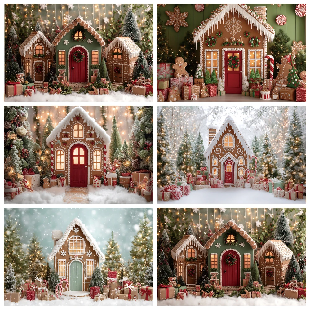 Fondo de casa de jengibre de Navidad, regalos de árbol de Navidad, nieve, invierno, Navidad, bebé, niños, retrato artístico, fotografía, decoración de fondo