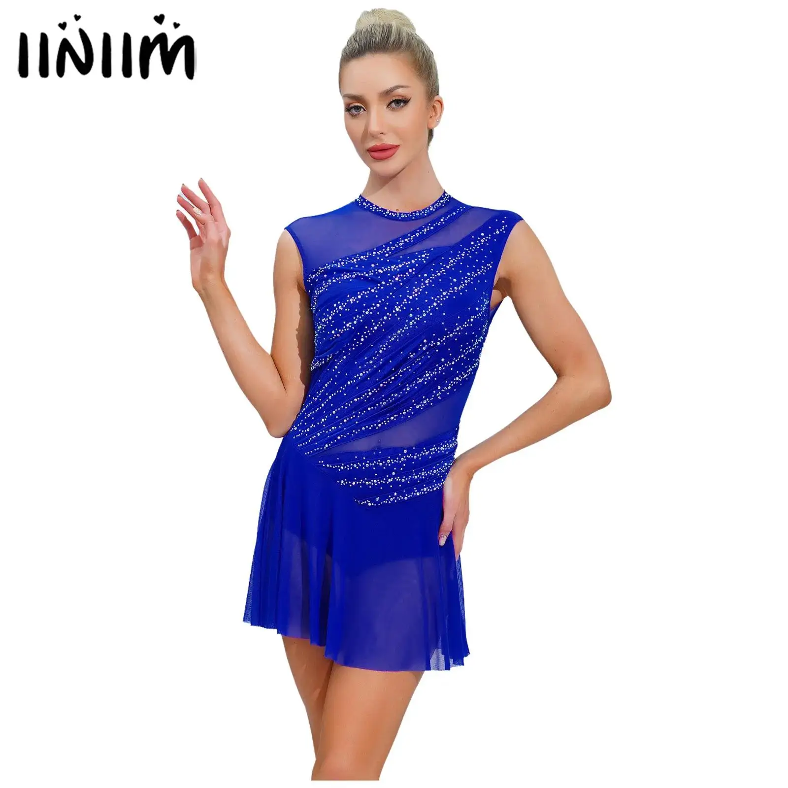 

Женское гимнастическое трико со рюшами для фигурного катания, балетное платье для лирического танца, блестящие стразы, современный танцевальный костюм