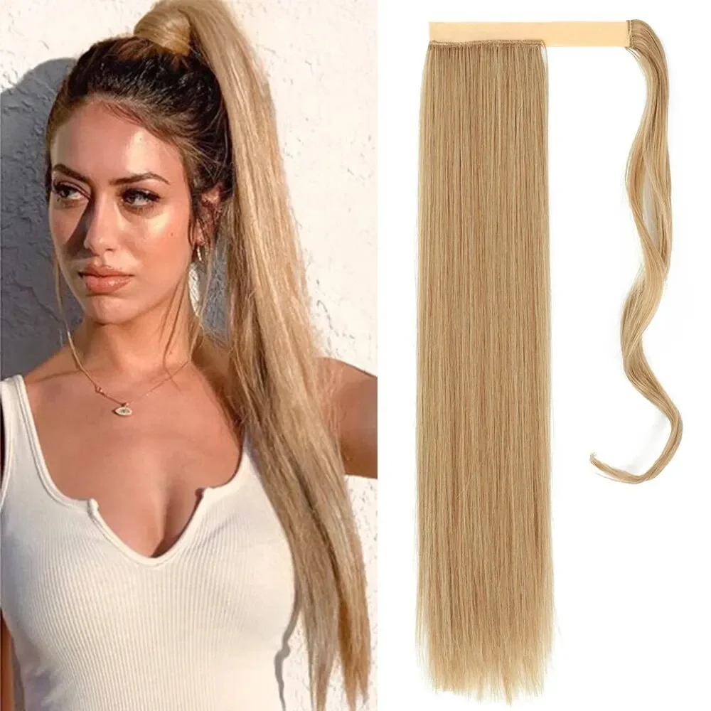 Synthetic Long Straight Wrap Around Clip In Ponytail Hair Extension Heat Reistan Pony Tail Fake Hair