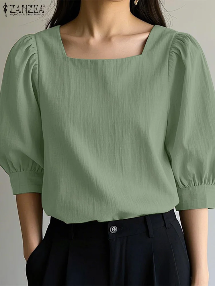 

2025 ZANZEA Elegant 3/4 Sleeve Work Blouses Summer Square Neck Office Shirt Women Fashion Solid Holiday Tunic Tops Loose Blusas
