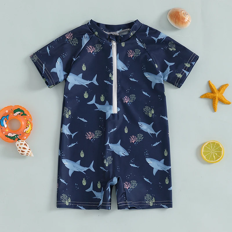 Toddler Boy Girl Swimsuit Shark Print Short Sleeve Mock Neck Zip Up Rash Guard Bathing Suit