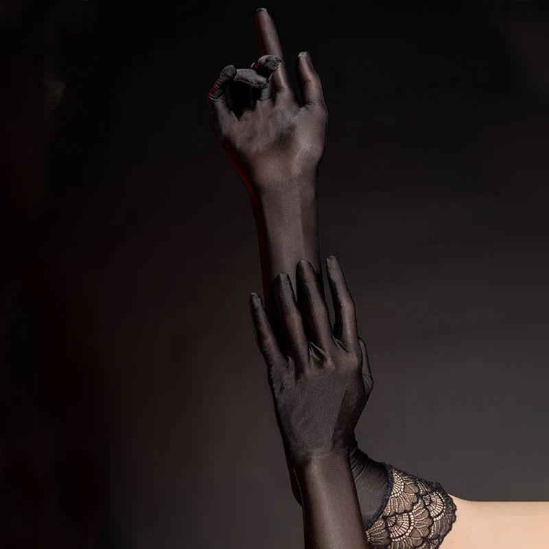 Lace Oil Glossy Tight Transparent Thin Women Sexy 53cm Long Gloves High Elasticity Party Club Nightclub Cosplay Clothing Mittens