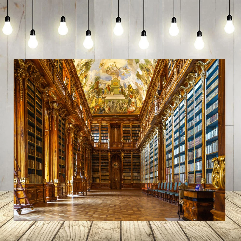 

Photography Backdrop Retro Library Poster Ancient Castle Palace Library Banner Staircase Chandelier Bookshelf Background Wall
