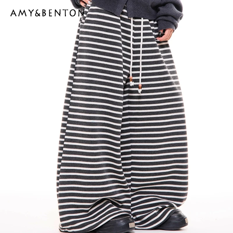 

American Retro Dark Gray Striped Drawstring Straight Women's Casual Pants Autumn Loose Versatile Wide-Leg Long Trousers Ladies