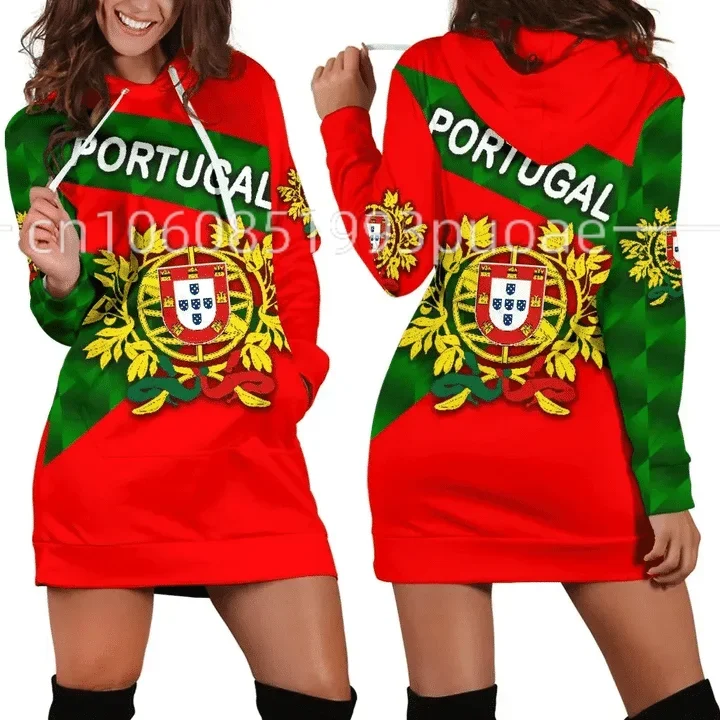 

New Portugal Flag 3D Women Hoodie Dress Custom Name Retro Harajuku 3D Printed Flag Pullover Casual Sexy Women Hoodie Dress