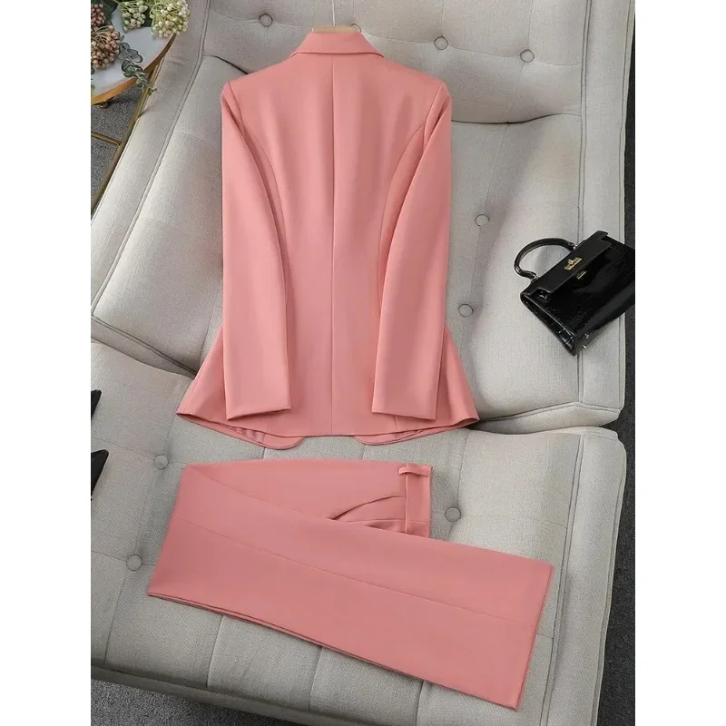 Ladies Formal Pant Suit Set Women Orange Pink Green Female Business Work Wear Long Sleeve 2 Piece Blazer Jacket And Trouser