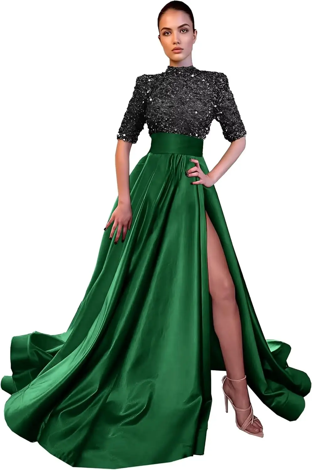 

Sparkly Sequin Prom Dresses Long Ball Gown High Neck Half Sleeve Satin Formal Evening Gowns with Slit 828 Homecoming Dresses