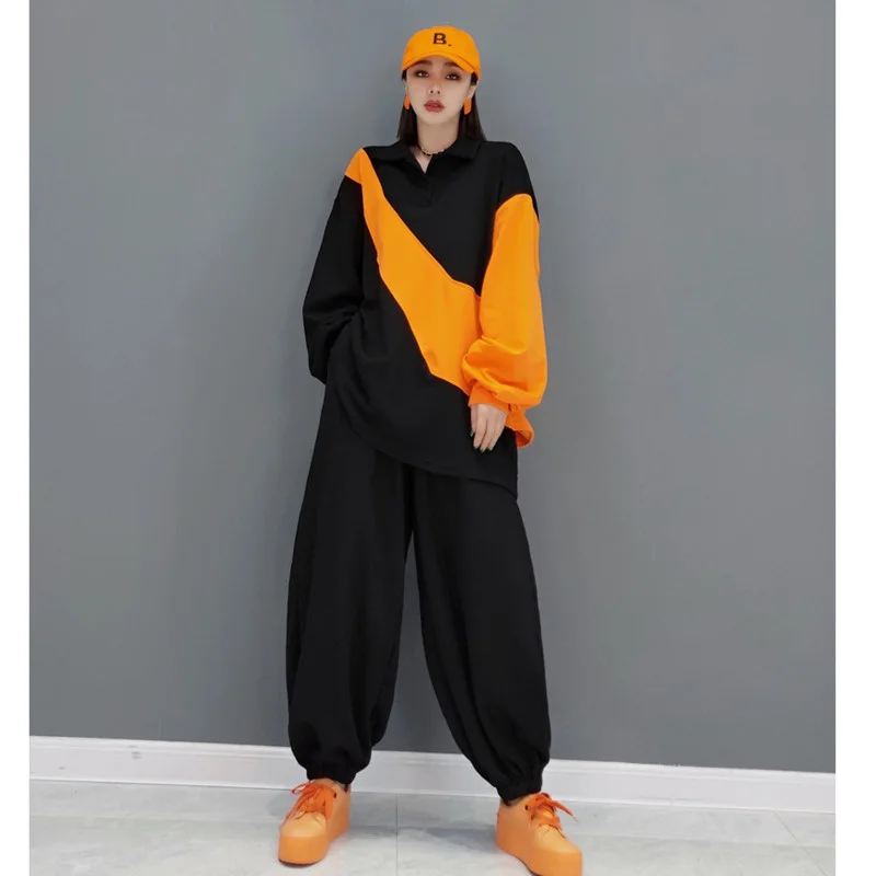 Women New Long Sleeves Lapel Stitching Color Sweatshirt Suit Elastic Waist Wide Leg Pants Suit 2024 Spring Autumn LHX1327