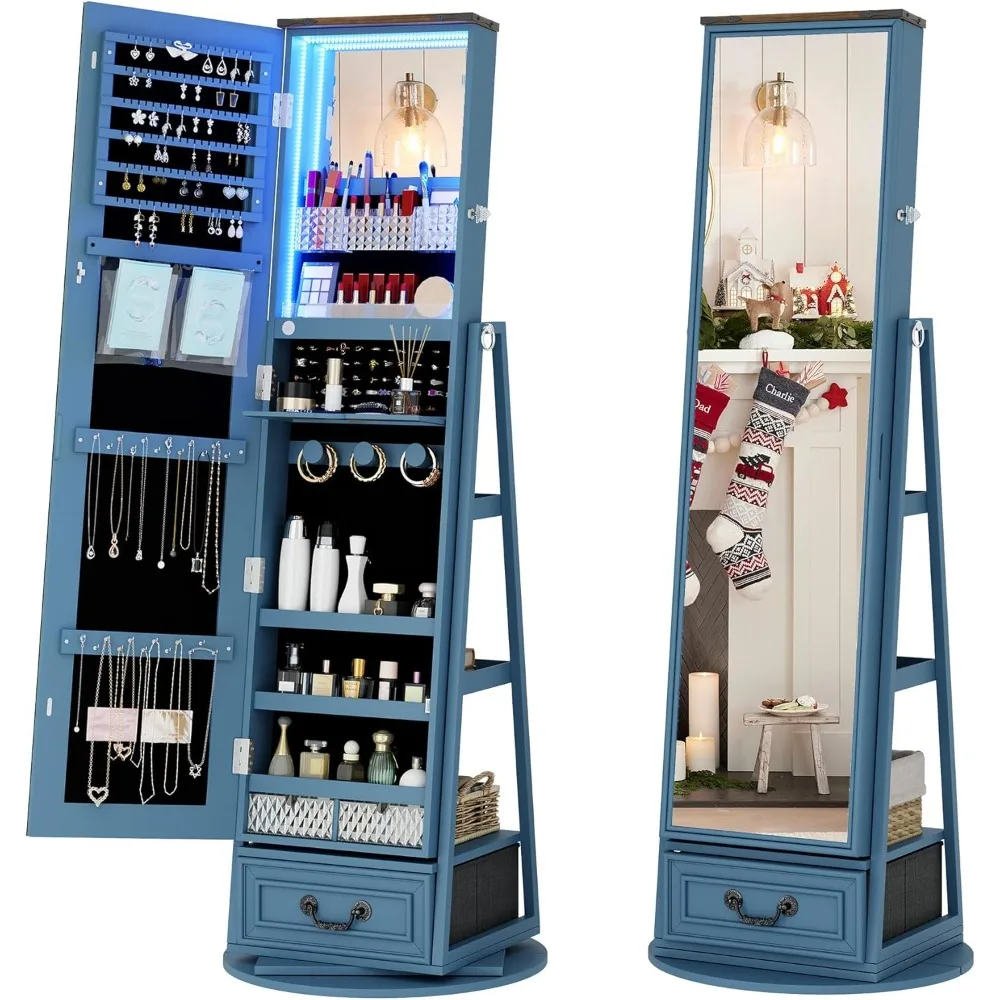 Standing Full-Length Mirror Jewelry Armories, Jewelry Organizer with LED Lights 360° Swivel, Lockable Jewelry Cabinet