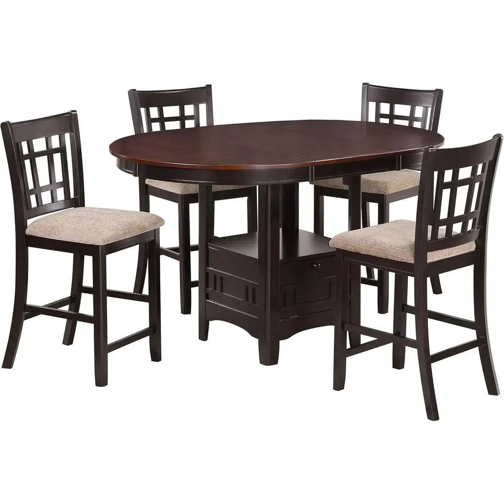 

5-Piece Counter Height Dining Set - Oval Extendable Table with Storage and 4 Upholstered Chairs - Light Chestnut Finish