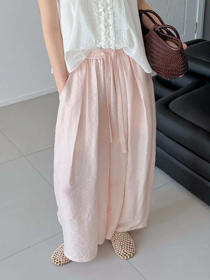 2026 New Women Casual Stretch Waist Pink Long Pants With Lace-Up Waist Fashion Bloomers Pants Women Clothes Trousers