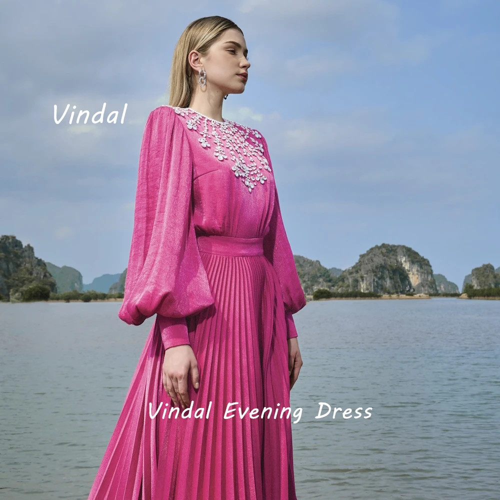 Vindal Floor length O-Neck luxurious A-Line Sexy Ruffle Beaded Velour Breast Padding Elegant Long Sleeves السعود For Woman 2024