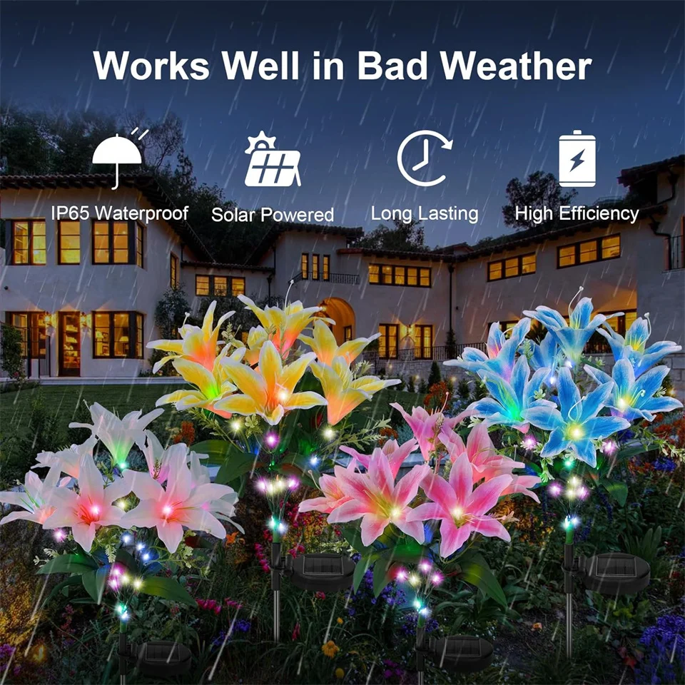 LED Solar Lily Flowers Lights Outdoor Waterproof Garden Decoration Lamp for Home Yard Lawn Walkway Backyard Landscape Lighting