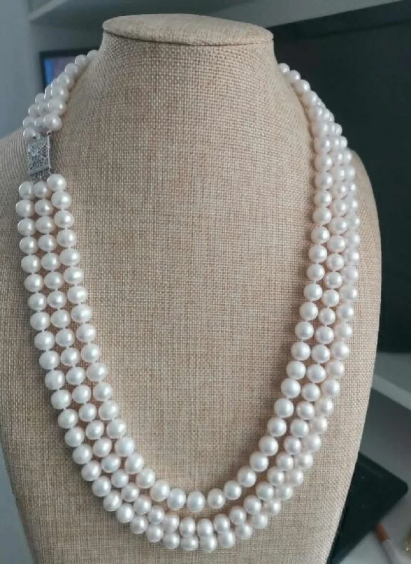 Three strand natural AAA 9-10mm South China Sea white pearl necklace 24 inch 925S