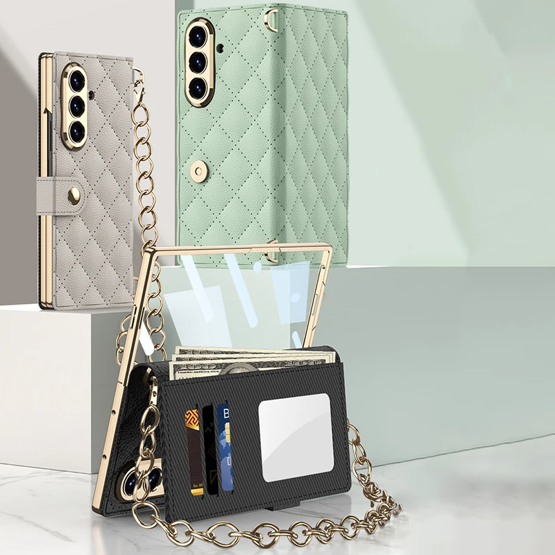 حافظة جلدية قابلة للطي بنمط الماس مناسبة لهاتف سامسونج جالاكسي Z Fold 7 Z Fold6 Z Fold5 Z Fold4 Z Fold3، حافظة هاتف عصرية على شكل سلسلة شانيل