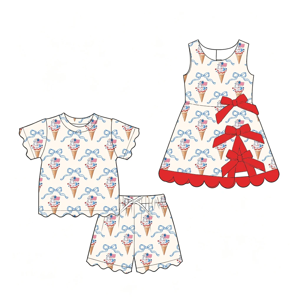 July 4th Independence Day Bow Print New Shell Trim Short-Sleeve Shorts Set Girls Summer Boutique Dress and Set