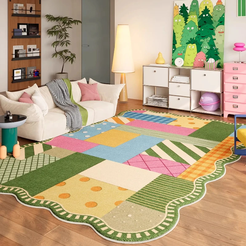 Girly Style Carpets for Living Room Dopamine Color Grid Bedroom Decor Carpet Fluffy Soft Irregular Rug Home Cute Plush Floor Mat