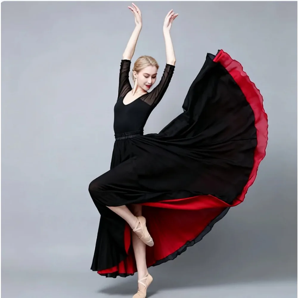 

Юбка для танцев фламенко женская, с расклешенным подолом на 720 градусов, из шифона, однотонная, длинная, для сценических выступлений и танцевальных тренировок