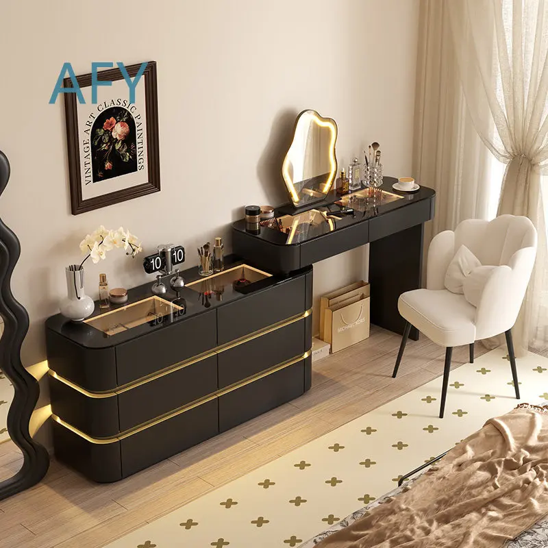 Solid Wood Vanity Table for Bedroom Nordic Luxury Simple Black Dressing Table for Modern Home Makeup Desk for Small Space