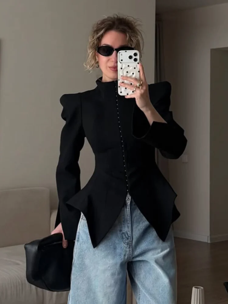 Black Stand Collar Slim Blazer Single Breasted Padded Shoulder Slit Hem Irregular Hem Waist Cinched Coat Chic Women's Wear New