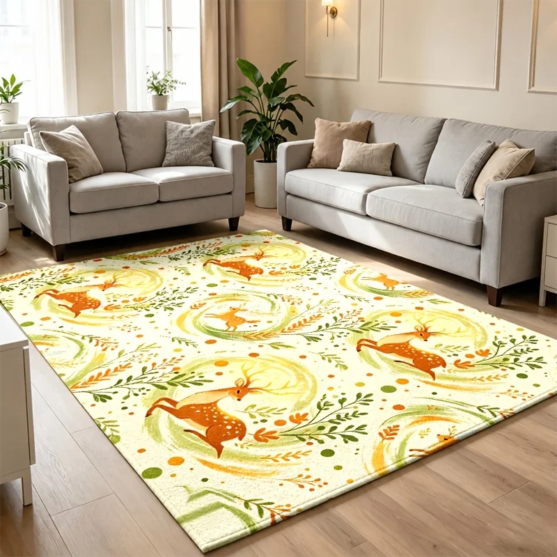 Forest Deer Botanical Pattern Area Rug Warm Retro Art Decor Carpet Floor Rug for Bedroom Housewarming Party Ornament Decor Gift