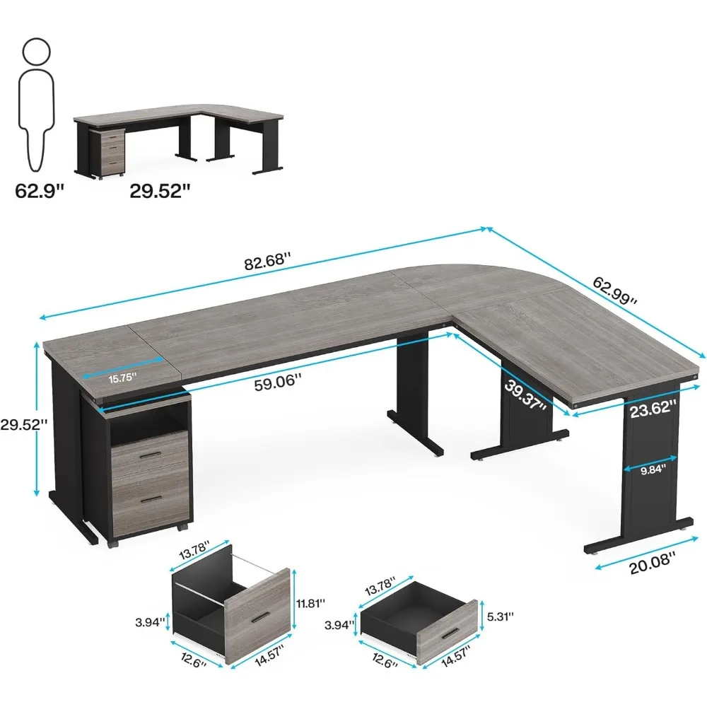 83 Inch L-shaped Office Furniture Set, Large Administrative Desk with 3 Drawers Filing Cabinet, Office Desk Furniture Set