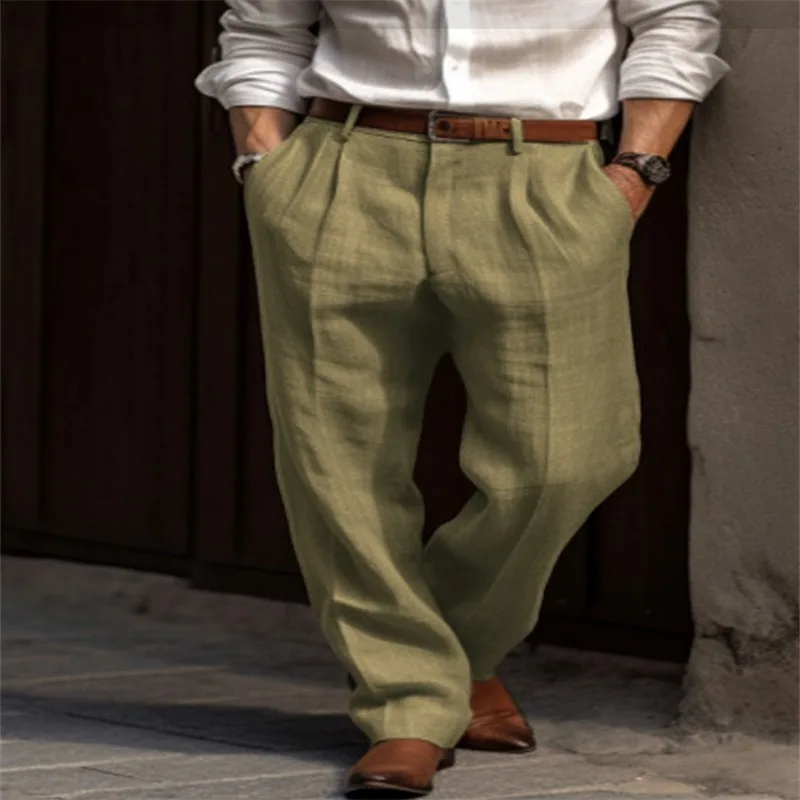 Pantalones de lino para hombre, doble pliegue, bolsillos delanteros, tubo recto, sólido, cómodo, transpirable, ocio, vacaciones, mezcla de algodón, moda