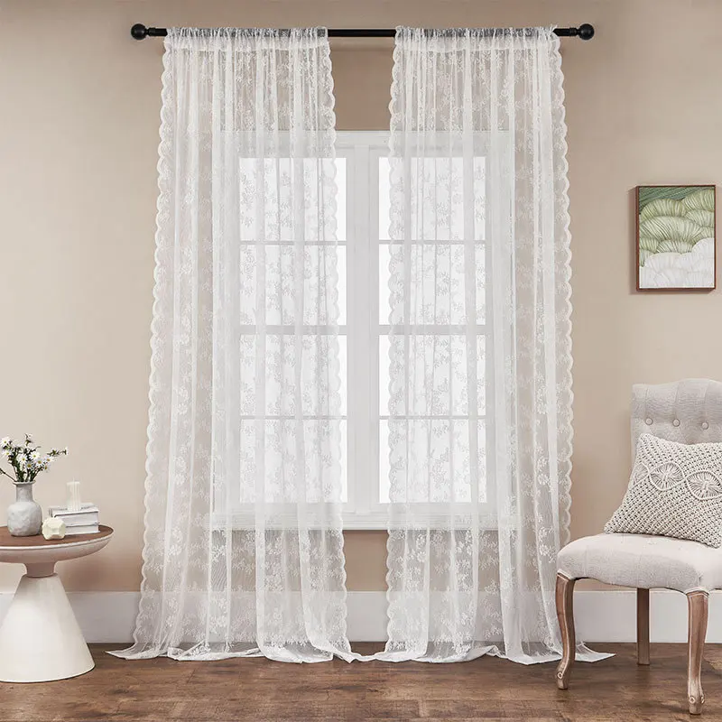 White French Lace Sheer Curtains Rod Pocket Window Treatment Drapes Ready Made for Living Room Bedroom Home Decor
