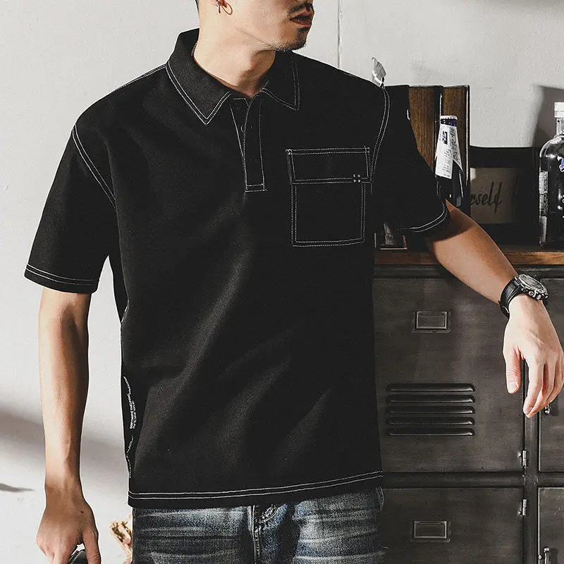 American Retro Lapel Polo Shirt Summer Loose Work T-shirt Short-sleeved Men Top