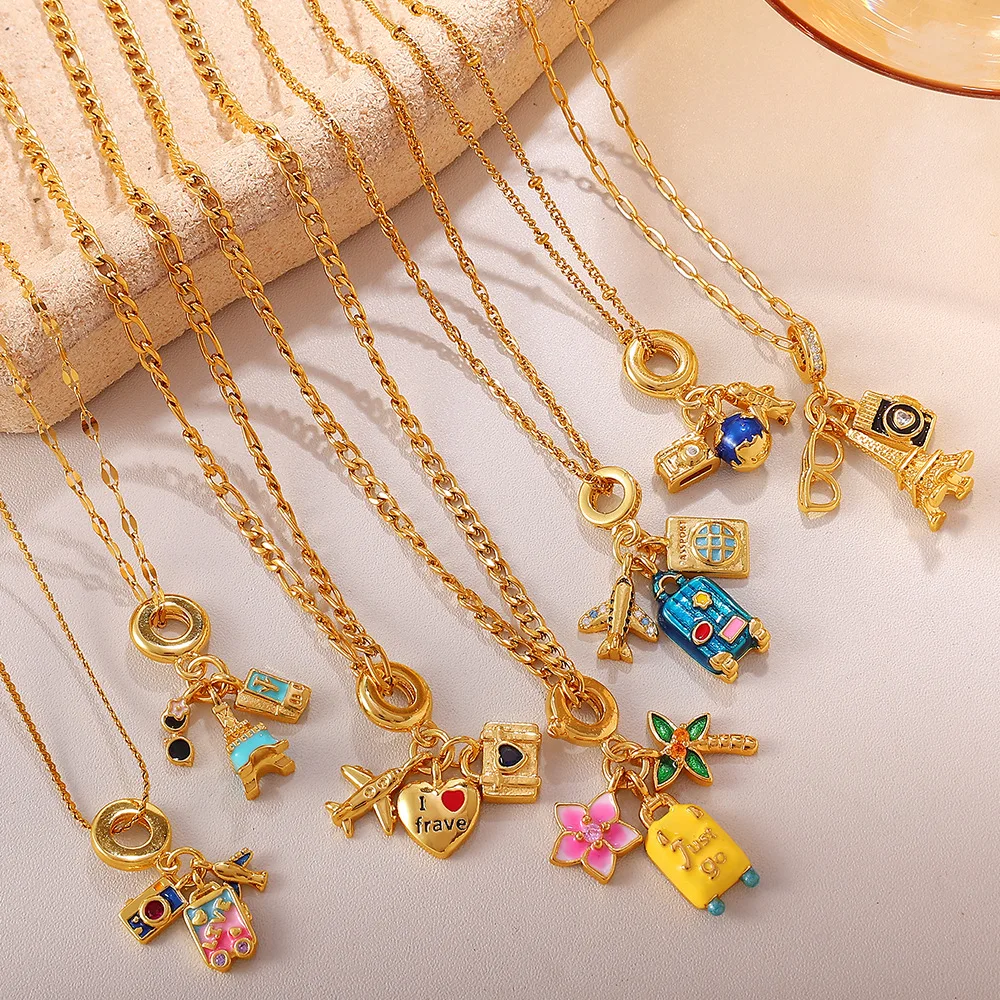 

Multi-element pendant necklace, various styles of travel elements, made of stainless steel, 18k gold-plated, does not fade
