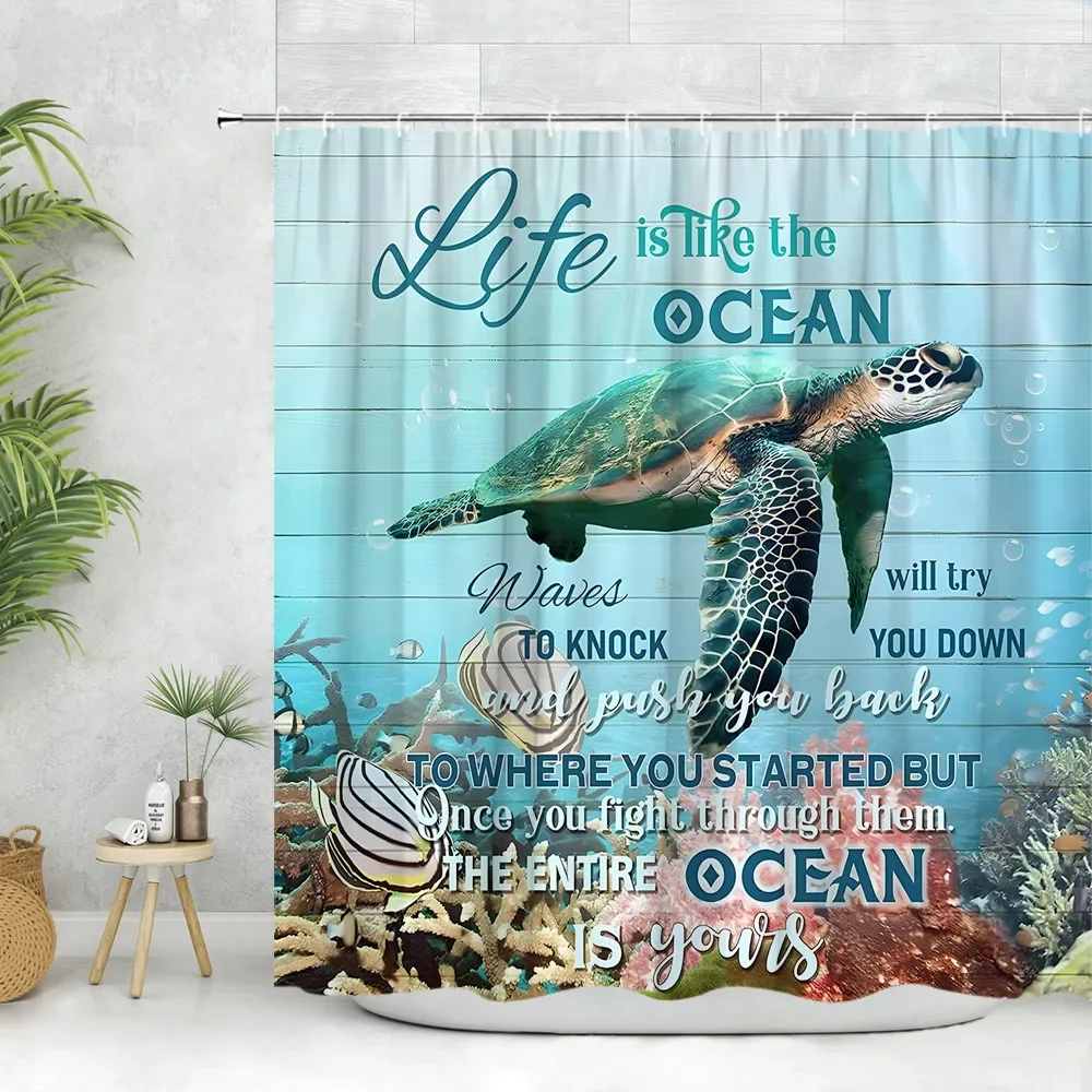 

Ocean Animal Shower Curtain, Underwater Turtle Seahorse Octopus Coral Love Fish Blue Kids Modern Bathroom Decorative Curtain Set