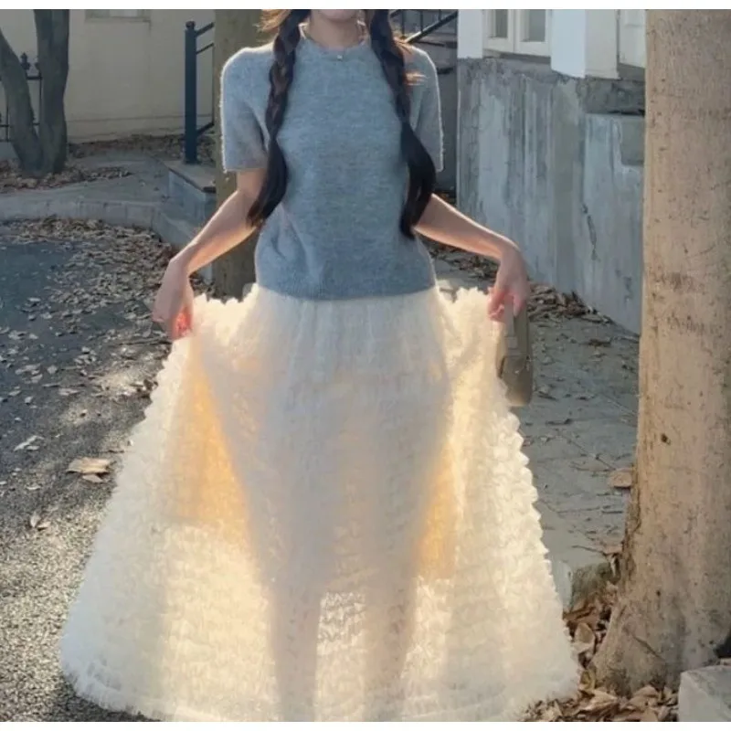 Sweet Beige Gradient Lace Skirt Women's Clothing Autumn and Winter Age Reduction and Thin Cake Skirt