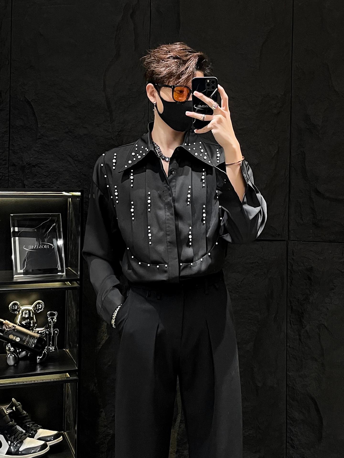 

Pearl Embellied Long Sve irt for Men Casual Loose Fit Korean Sle Polyester Fiber Non-Fading Micro-Elastic