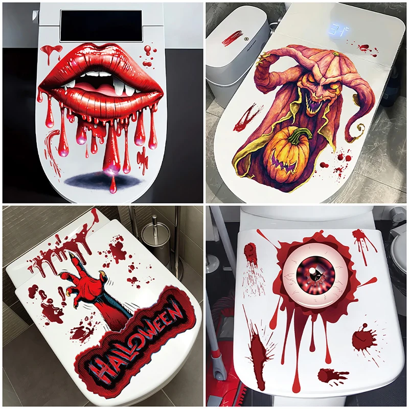 Halloween Bloody Toilet Lid Sticker Scary Toilet Seat Decals Bathroom Wall Stickers Halloween Window Clings Decoration