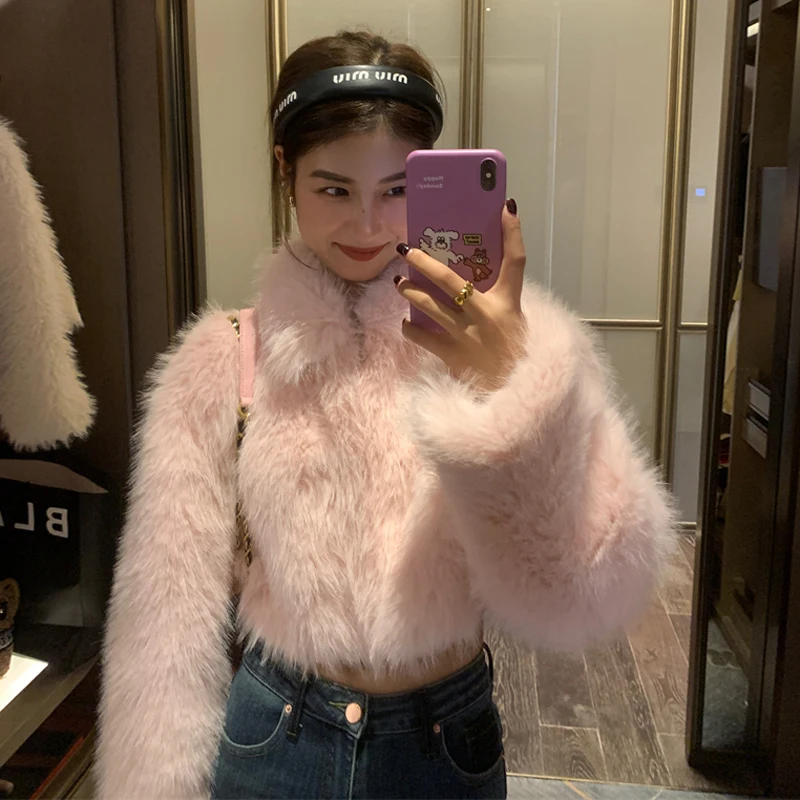 Winter Warm Short Cut Faux Fur Coats Women Long Sleeves Turn Down Collar Sweet Girls Pink Faux Fur Coat Wedding Fur Cape Jackets